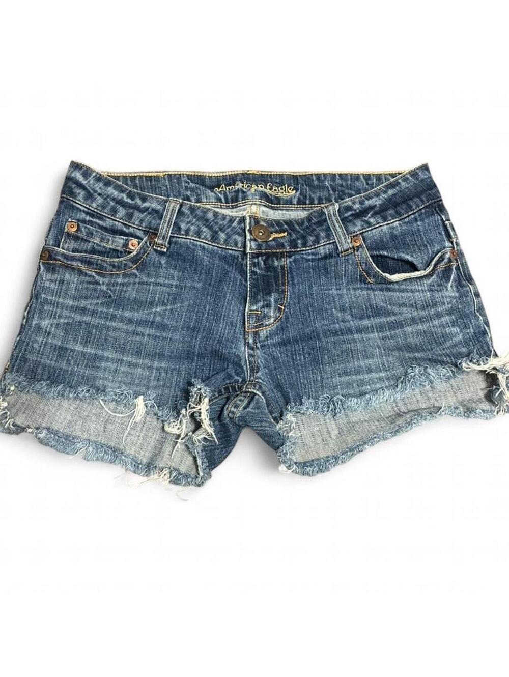 American Eagle Y2K Stretch Low Rise Frayed Denim Shorts Size 10